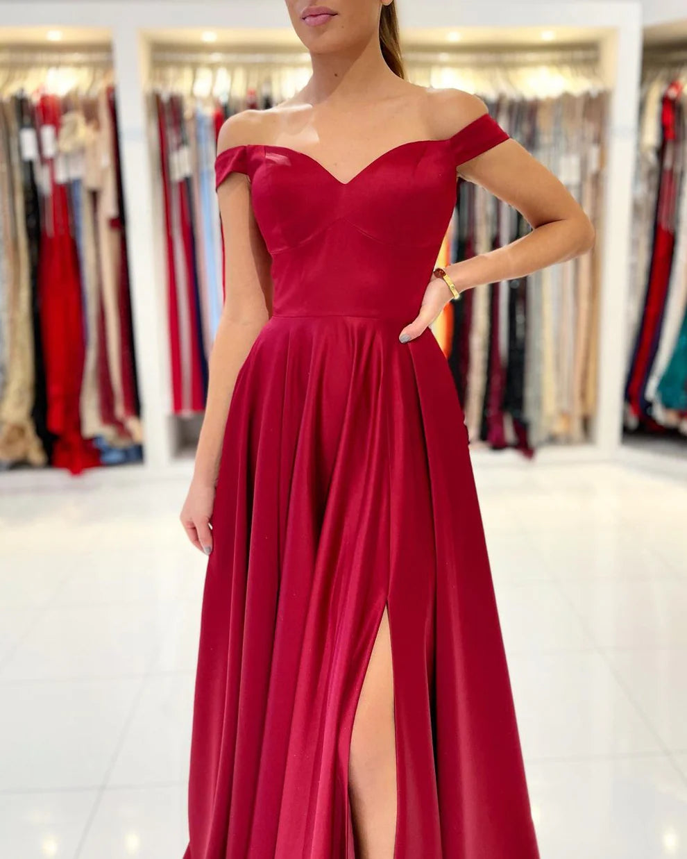 Weitese Dress Simple A-line Off-the-shoulder Satin Long Prom Dress with Slit